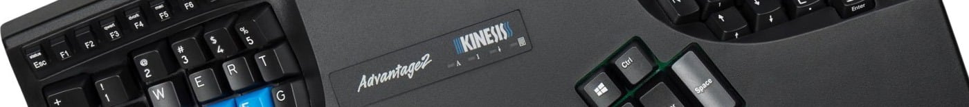 Ergonomic Kinesis Advantage2 keyboard with customizable keys for improved typing efficiency.