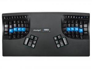 Ergonomic Kinesis Advantage2 keyboard with split key design for comfort and efficiency.