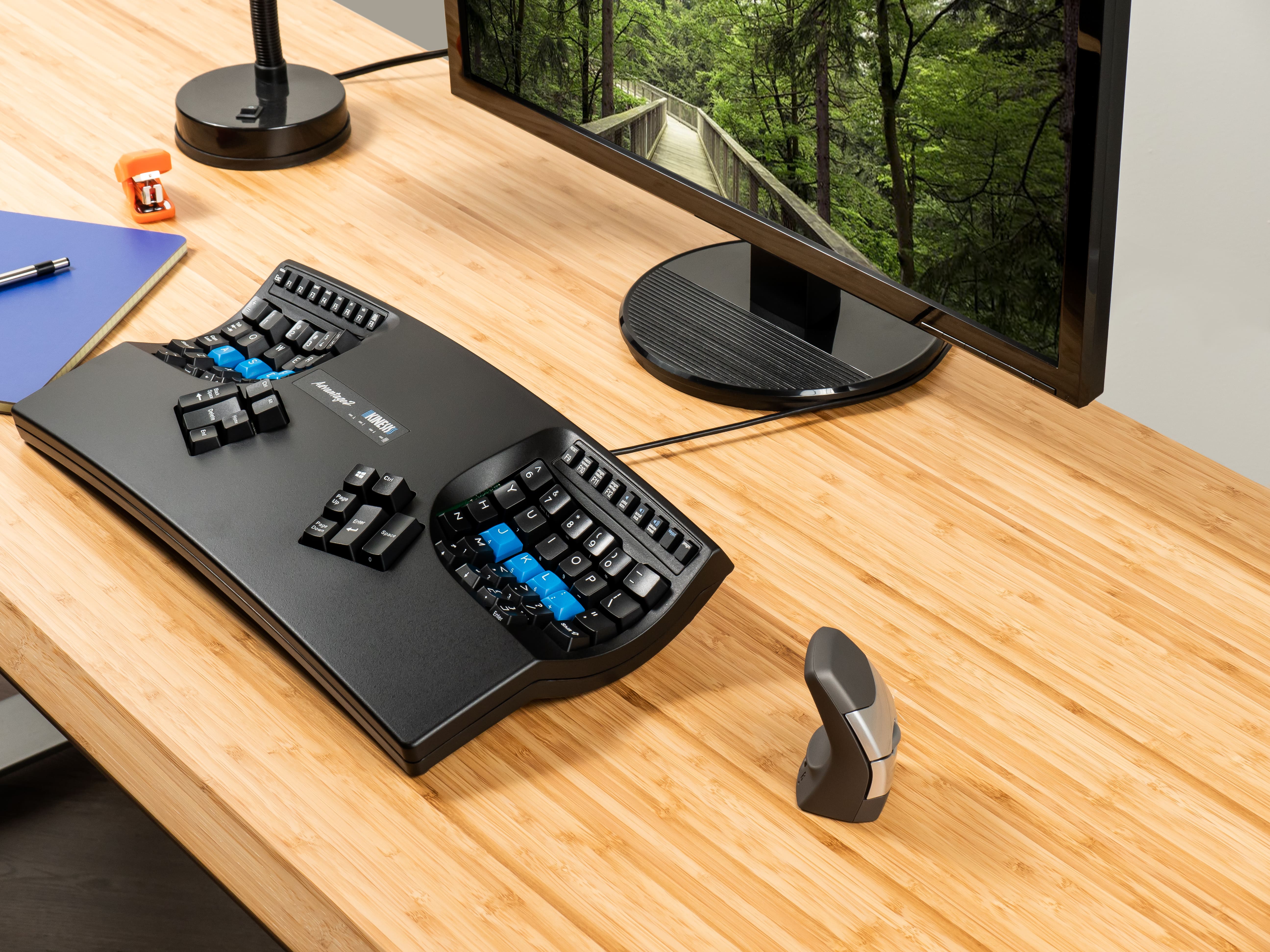 Ergonomic keyboard and vertical mouse on a bamboo desk with a nature scene monitor background.