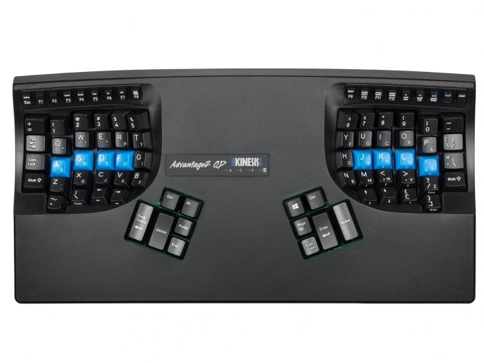 Ergonomic split keyboard with concave key wells and blue keycaps for improved comfort and typing efficiency.