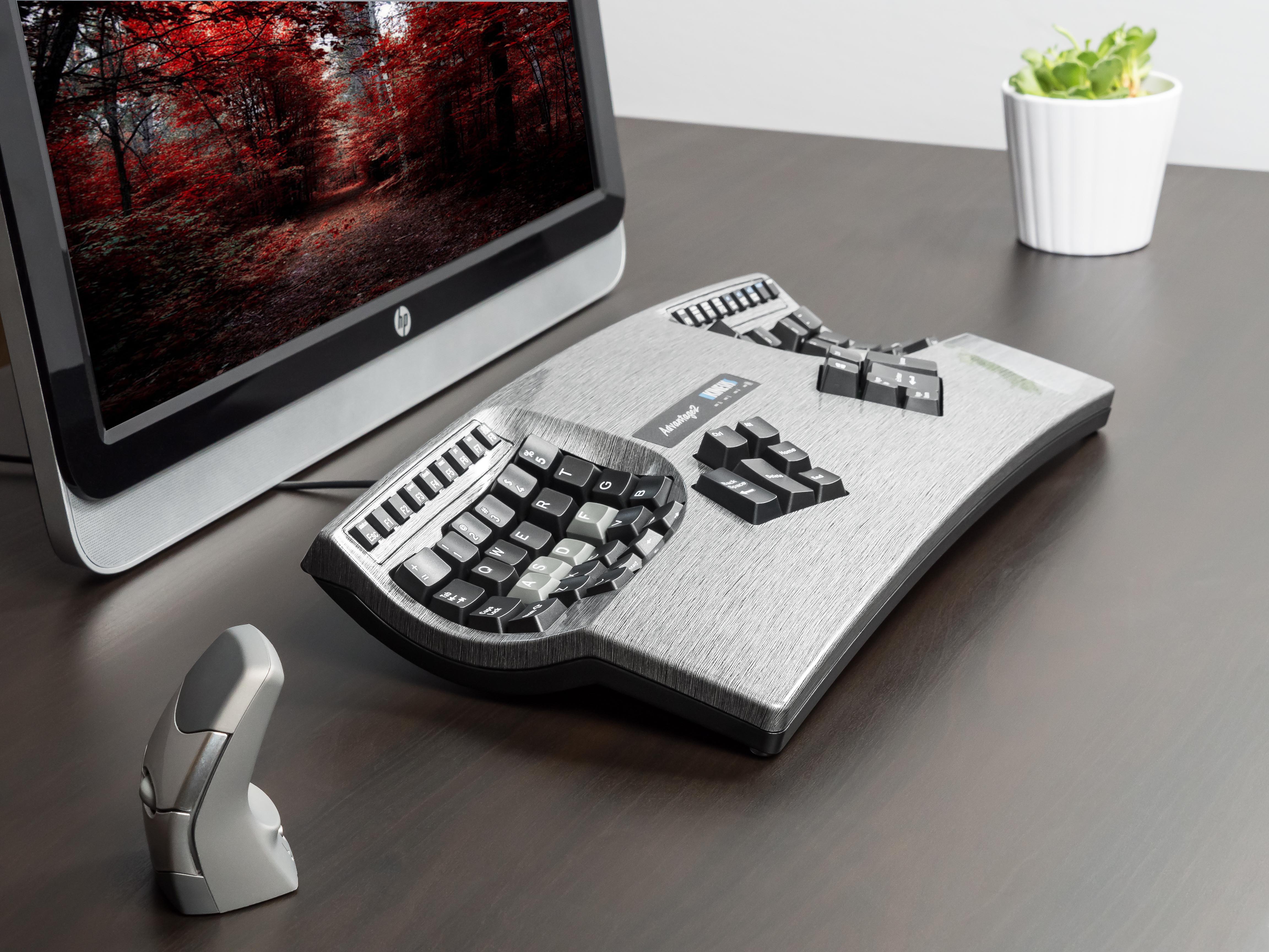 Ergonomic keyboard and vertical mouse on desk with computer monitor displaying a red forest scene, next to a small plant.
