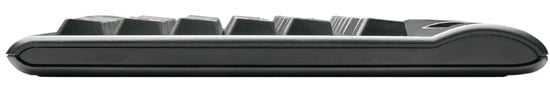 Side view of a sleek, modern computer keyboard with ergonomic design and elevated keys.