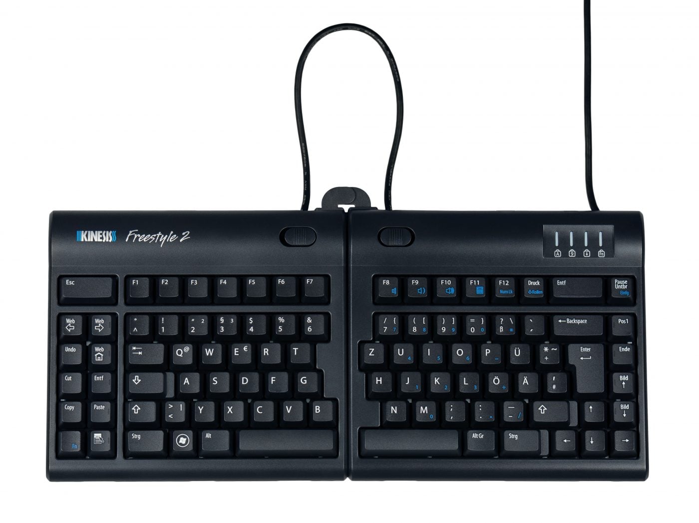 Ergonomic split keyboard with adjustable layout and wired connection for comfortable typing.