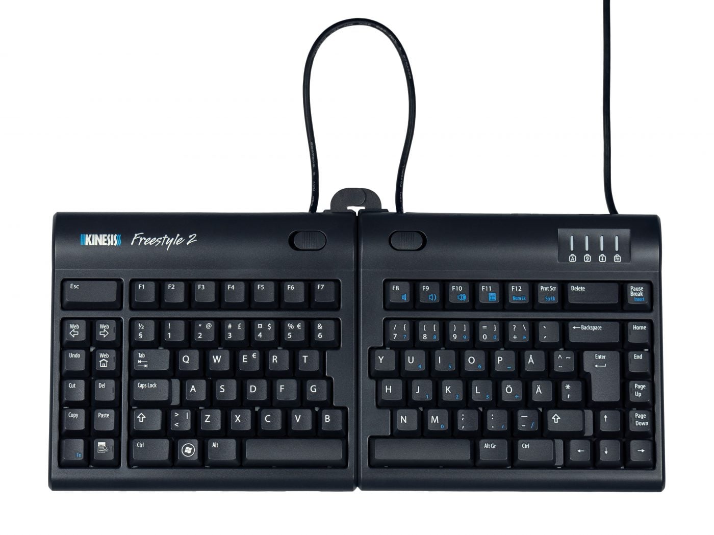 Ergonomic split keyboard with cable, Kinesis Freestyle 2, black design, suitable for comfortable typing and productivity.