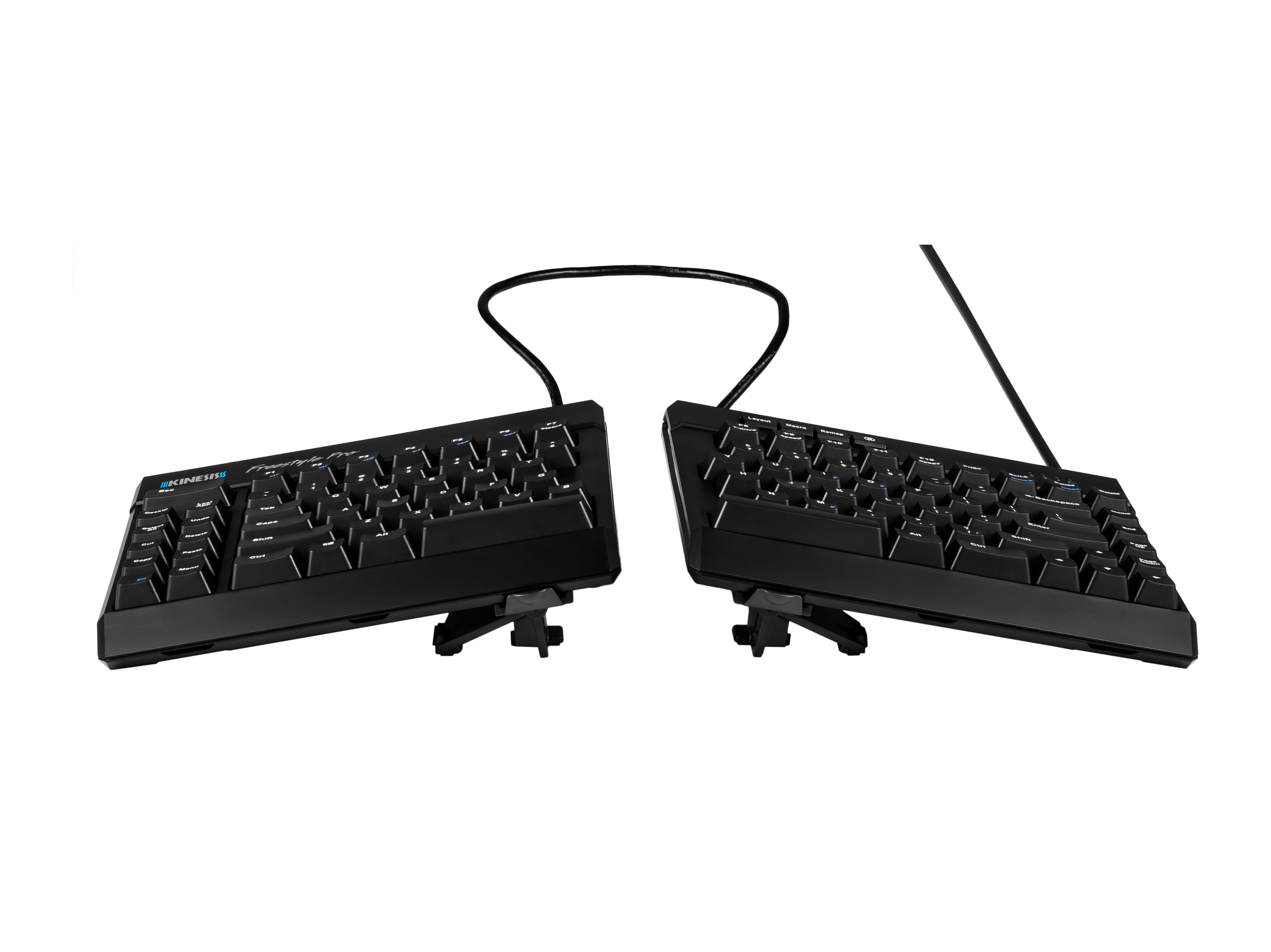 Split mechanical keyboard with ergonomic design and adjustable stands for comfortable typing.