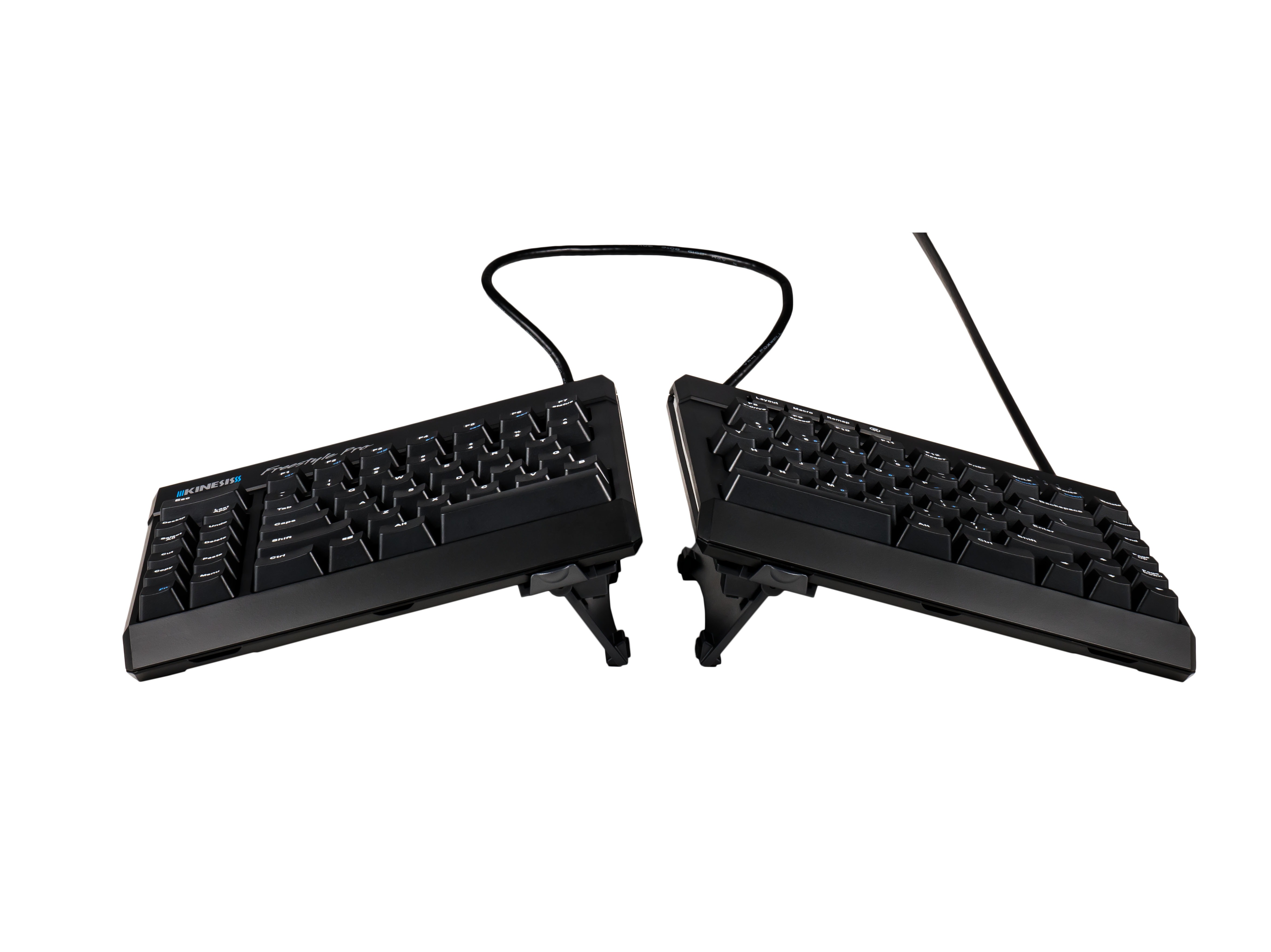 Ergonomic split keyboard with adjustable tenting stands and a connecting cable for comfortable typing.