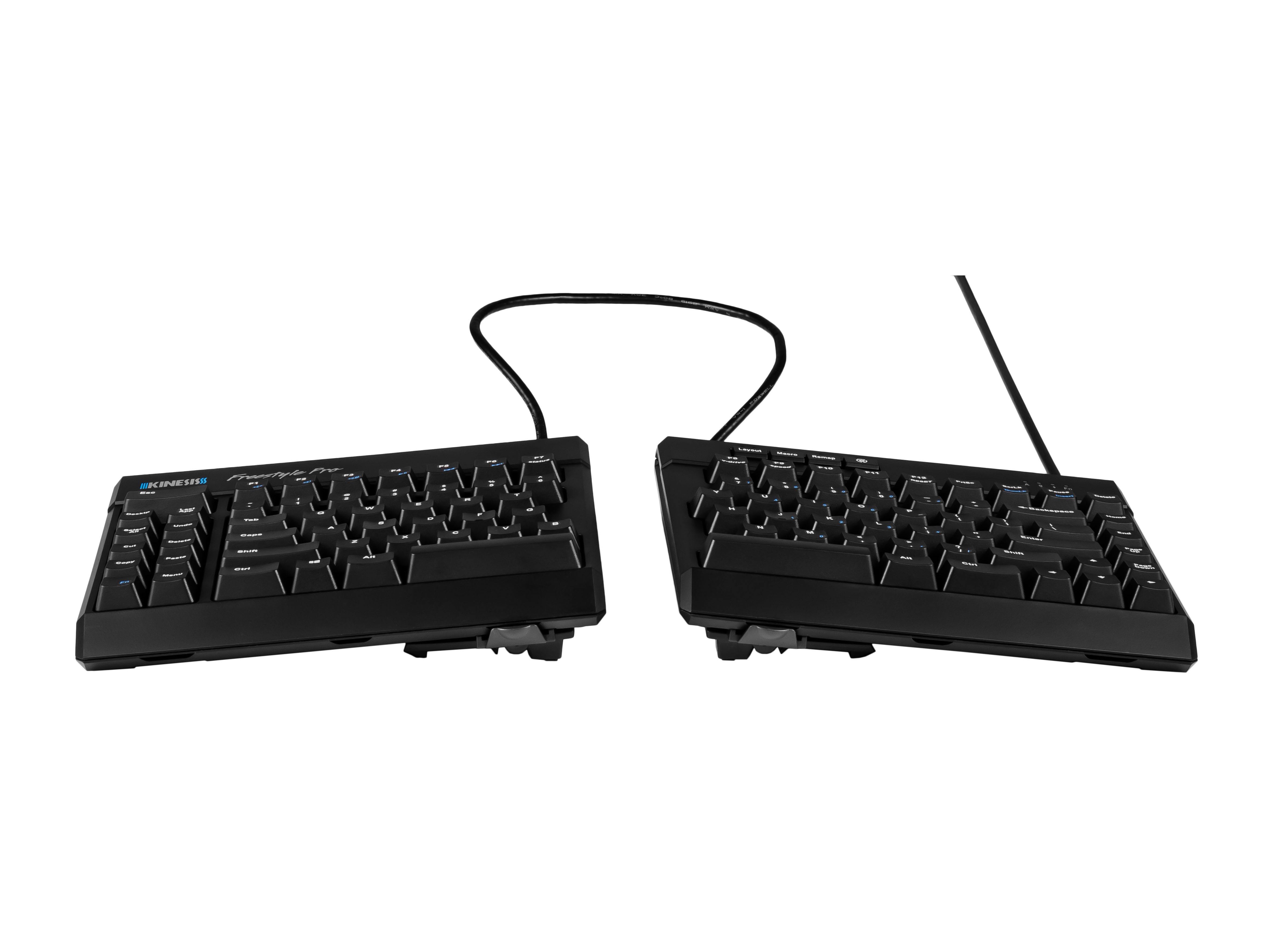 Split mechanical keyboard with ergonomic design and black keys, ideal for comfort and productivity.