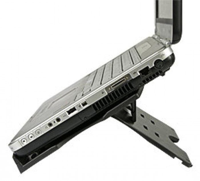 Side view of a laptop on an adjustable stand, enhancing ventilation and ergonomic positioning.
