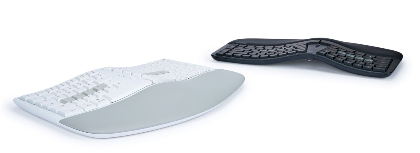 Ergonomic white and black keyboards with curved design for comfortable typing on a white background.