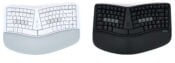 White and black ergonomic split keyboards with wrist rests for comfortable typing.