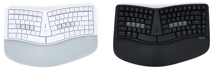 White and black ergonomic split keyboards with wrist rests for comfortable typing.