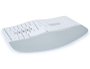 Ergonomic split white keyboard with gray wrist rest, designed for comfort and efficient typing in a modern workspace.