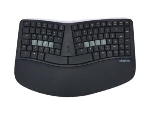 Ergonomic split keyboard with black keys and wrist rest, designed for comfortable typing and reduced strain.