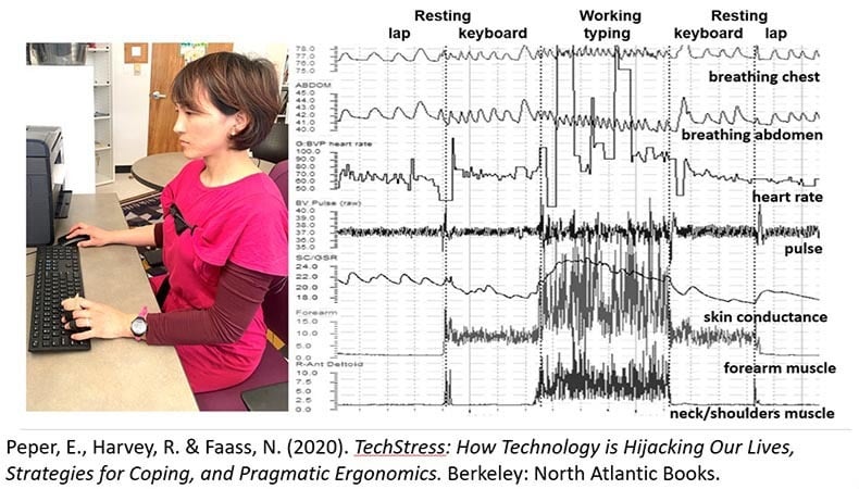 Woman at computer with physiological monitoring graphs showing stress responses related to different typing activities.