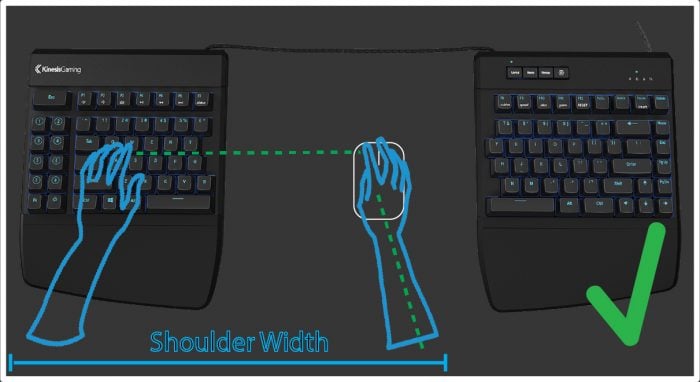Ergonomic split keyboard with adjustable shoulder width for optimal typing comfort and posture alignment.