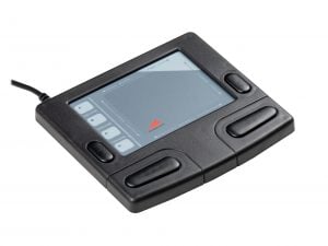 Retro trackpad device with programmable buttons and wired connection, ideal for vintage computer setups.