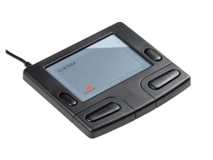 Black touchpad with multiple buttons, featuring Cirque GlidePoint technology for precise cursor control and seamless navigation.