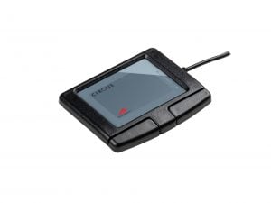 Black Cirque touchpad with USB cable, featuring multiple buttons for user input.