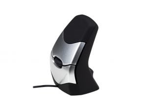 Ergonomic vertical mouse with sleek black and silver design, enhancing comfort and reducing wrist strain for users.