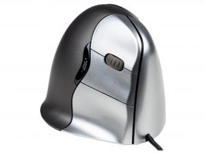 Ergonomic vertical computer mouse with adjustable pointer speed, designed for wrist comfort and efficient navigation.