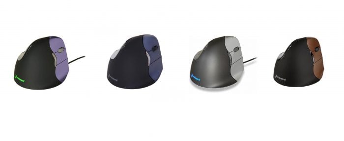 Four ergonomic vertical computer mice in various colors on a white background.