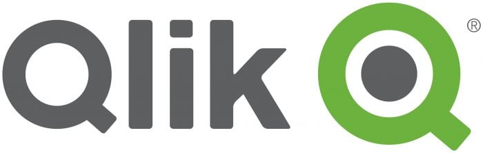 Qlik logo in gray and green, featuring a stylized Q design, representing data analytics software.