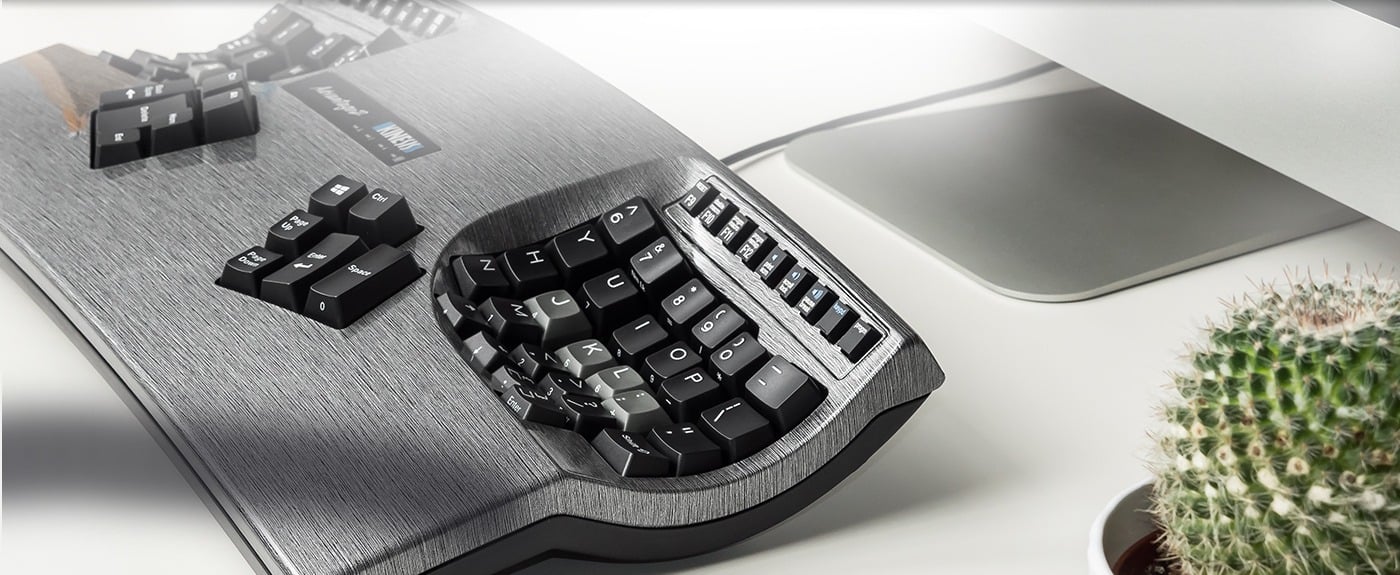 Ergonomic split keyboard on desk with cactus, promoting comfortable typing and modern office design.