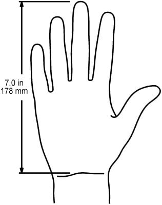 Outline of a human hand with a 7-inch, 178 mm measurement height indicated from wrist to fingertip.