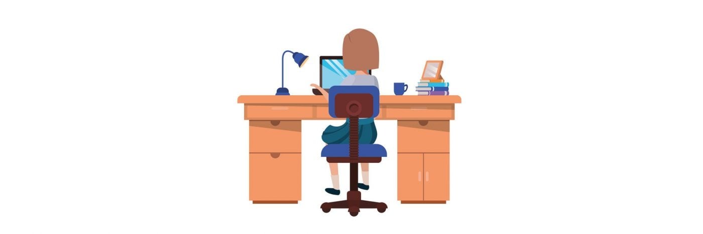 Cartoon woman working at a desk with computer, lamp, books, and coffee cup in a cozy home office setting.